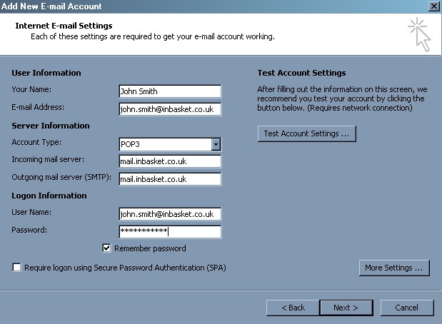 Outlook account details